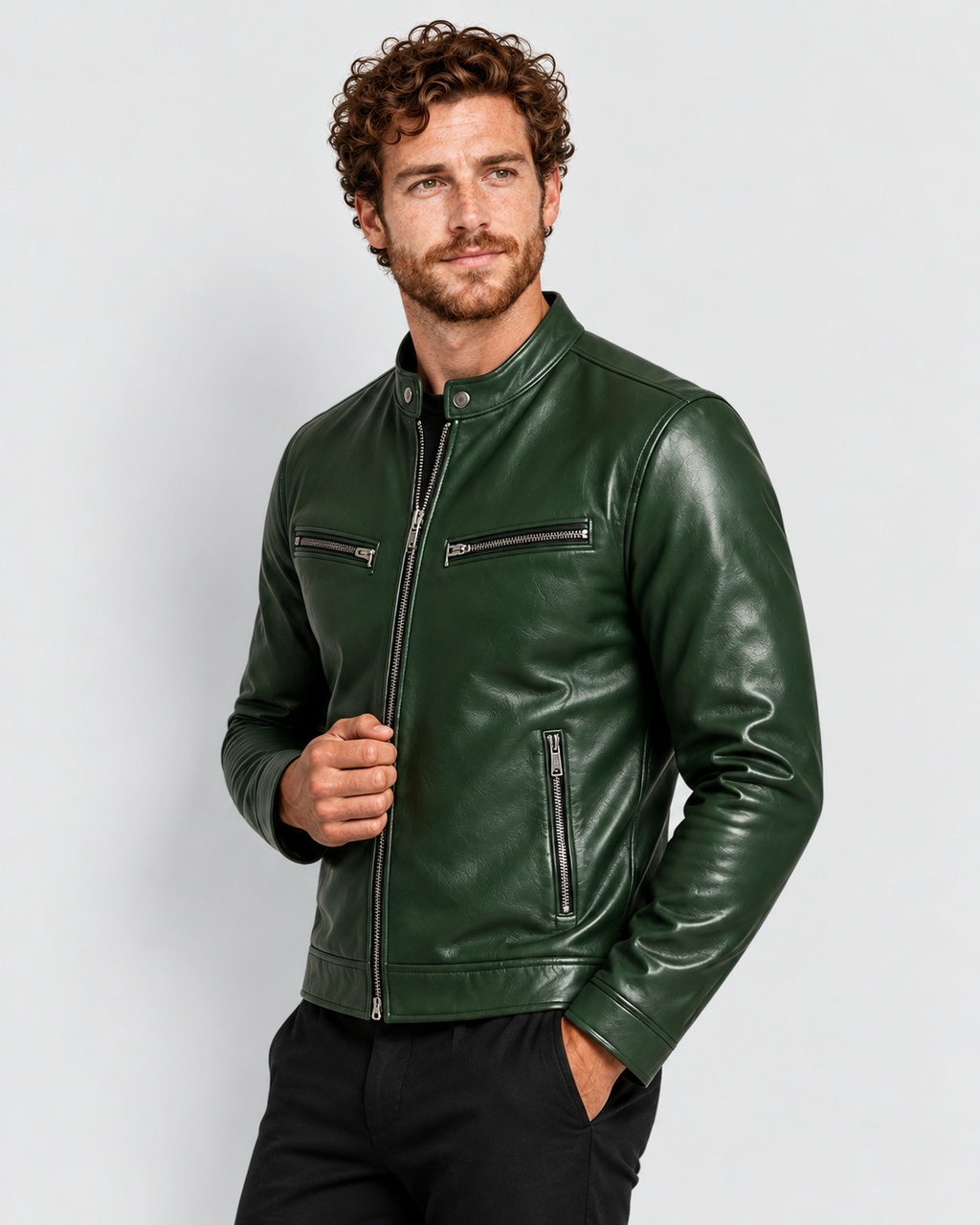 Avery & Mercer men's genuine leather jacket, green closed, own model M03