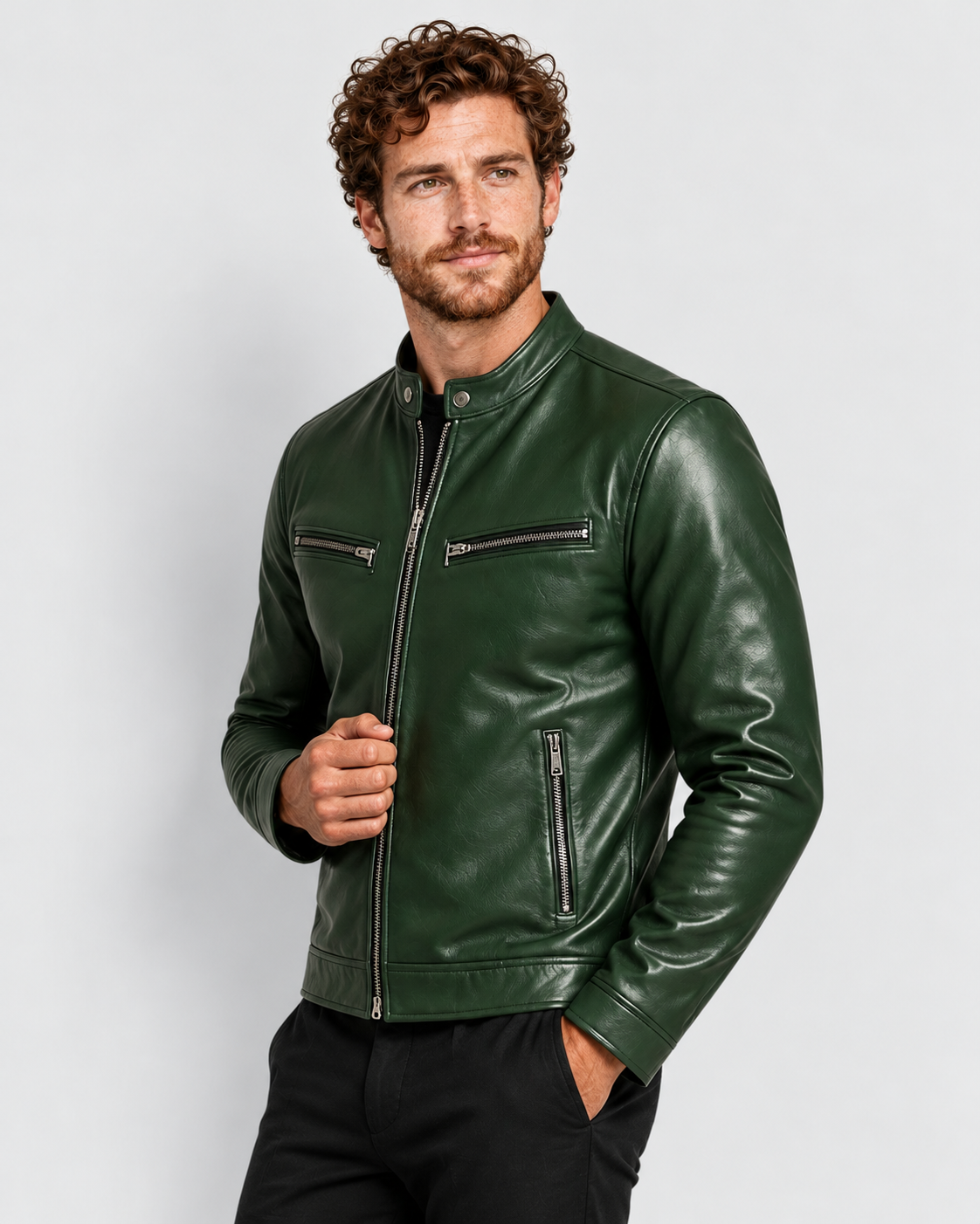 Avery & Mercer men's genuine leather jacket, green closed, own model M03
