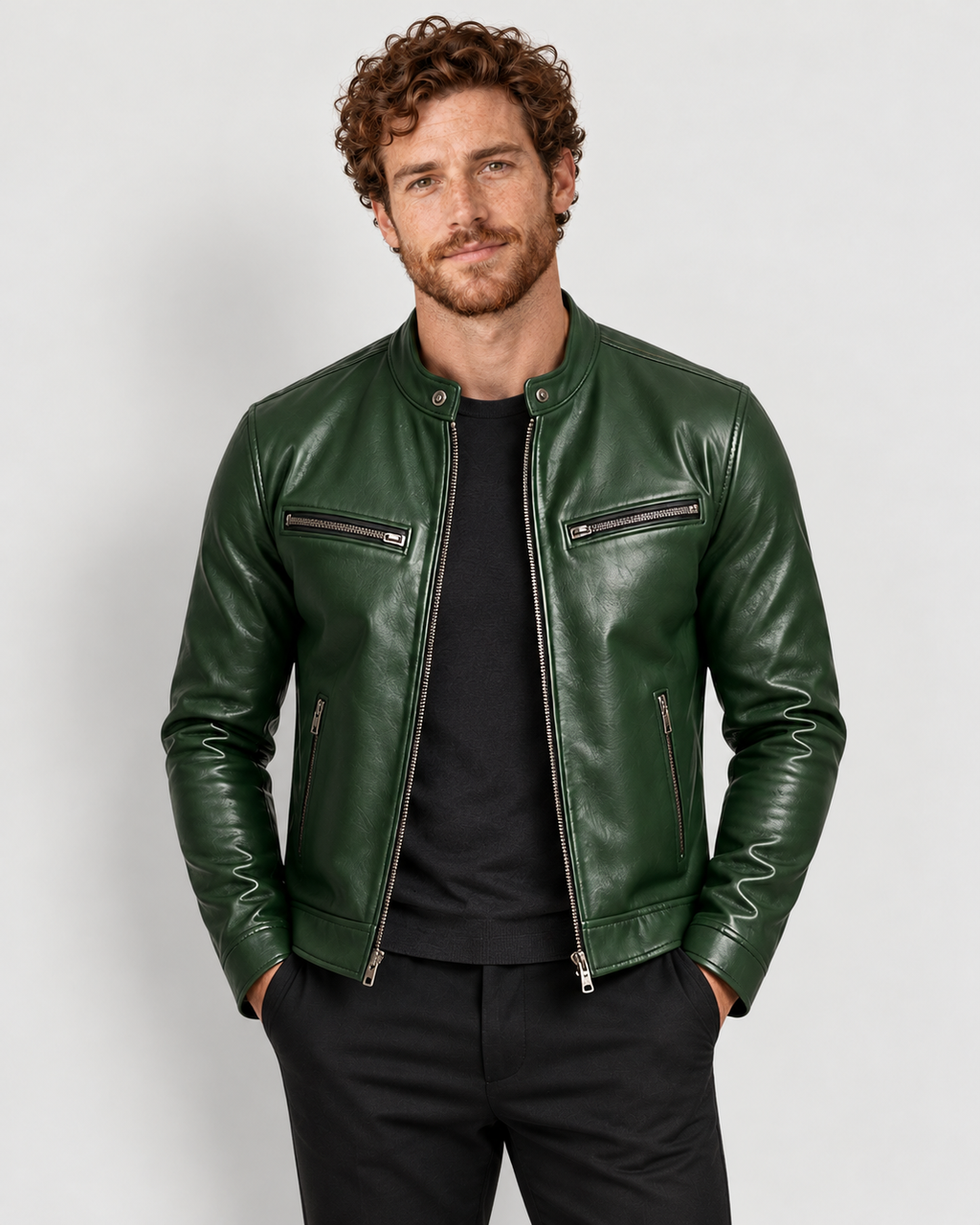 Avery & Mercer men's genuine leather jacket, green open, own model M03