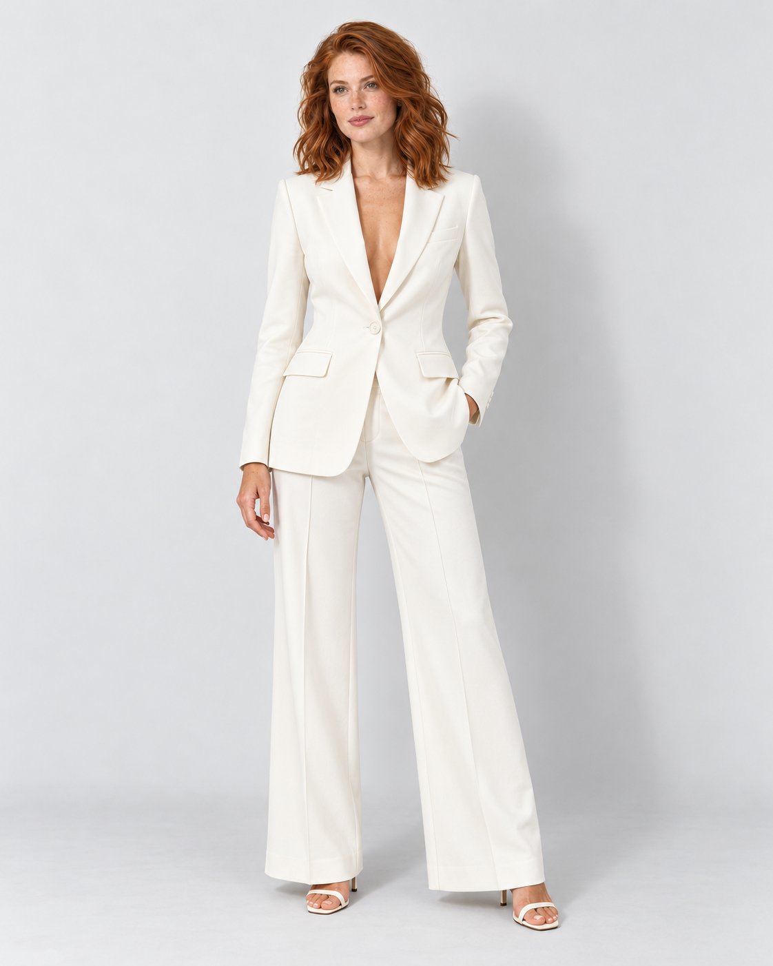 Women's tailored blazer and wide-leg trouser suit, white front v1