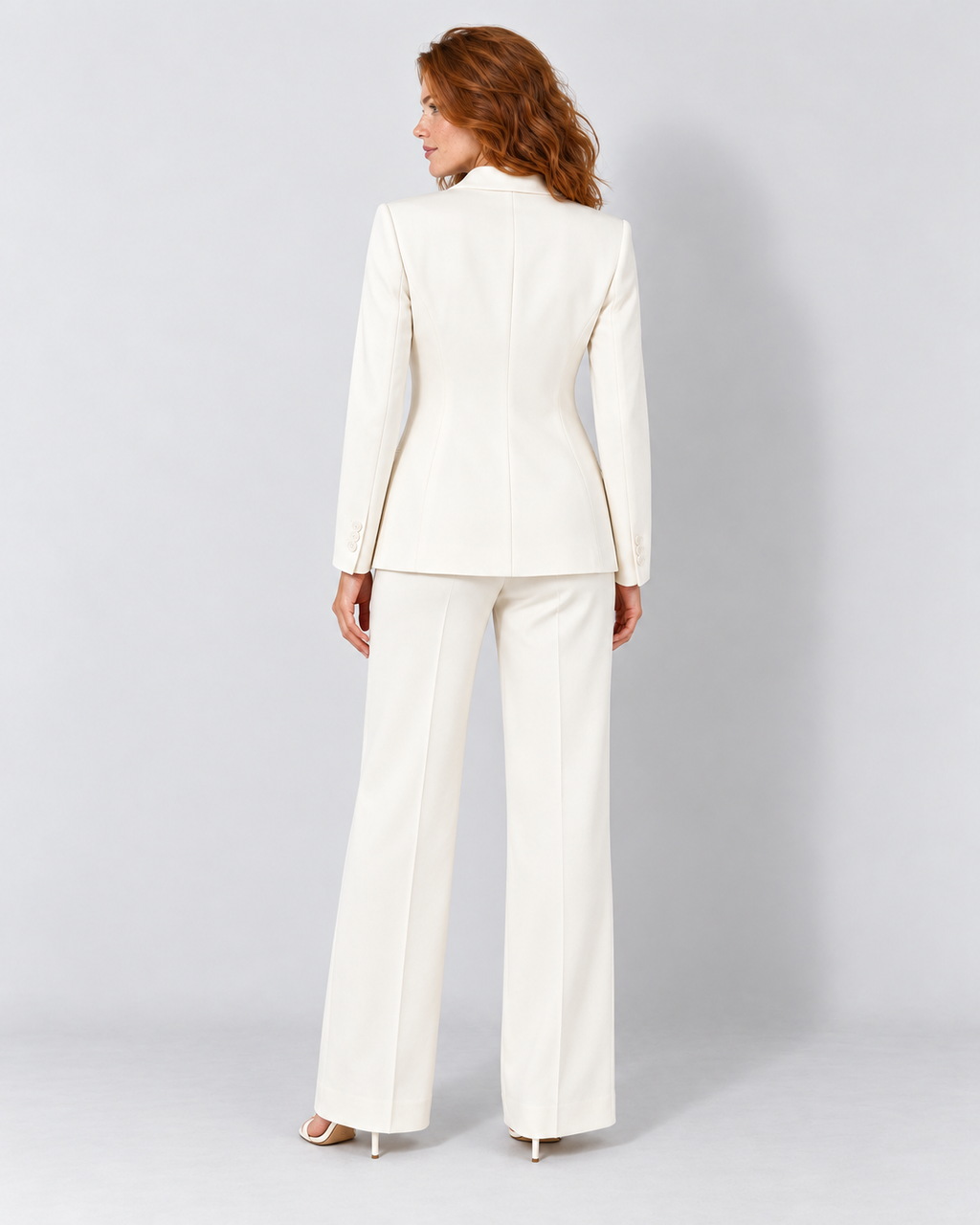 Women's tailored blazer and wide-leg trouser suit, white rear v1