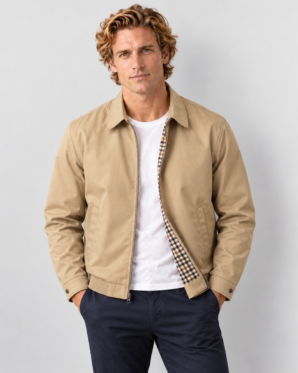 Men's point-collar Harrington jacket, light khaki front
