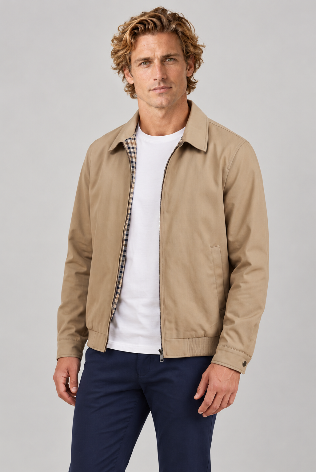 Men's point-collar Harrington jacket, light khaki worn