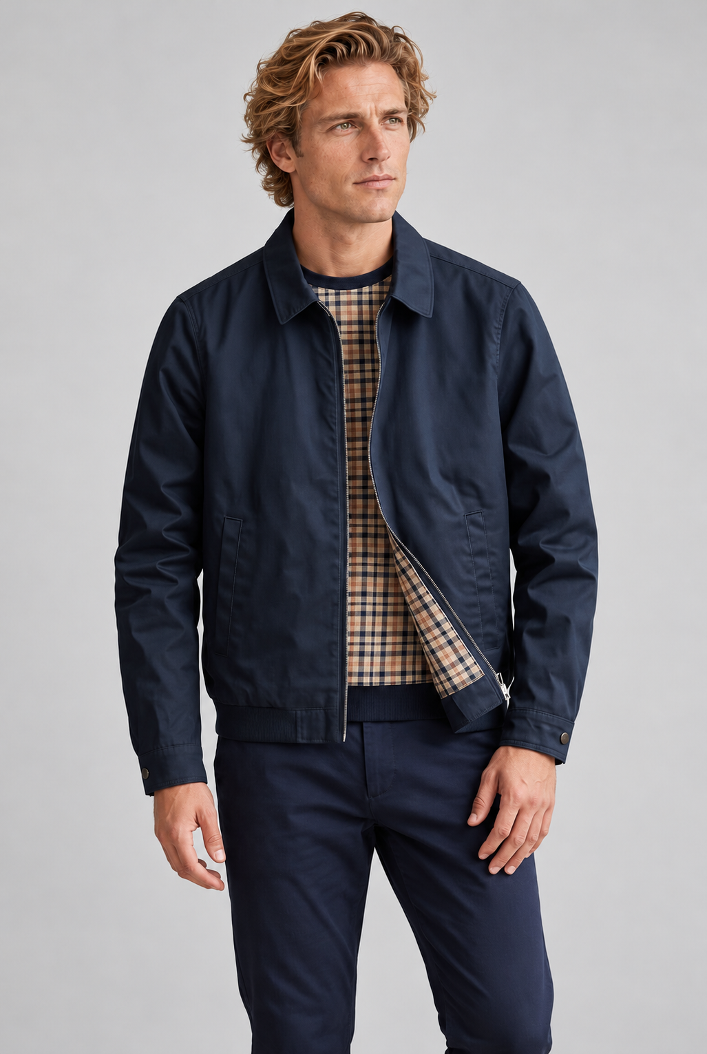 Men's point-collar Harrington jacket, navy worn