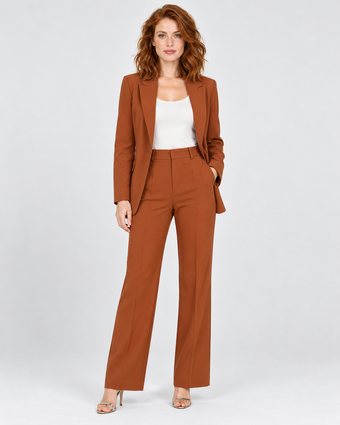 Avery & Mercer brown tailored blazer and straight-leg pants set on W03 model, front view