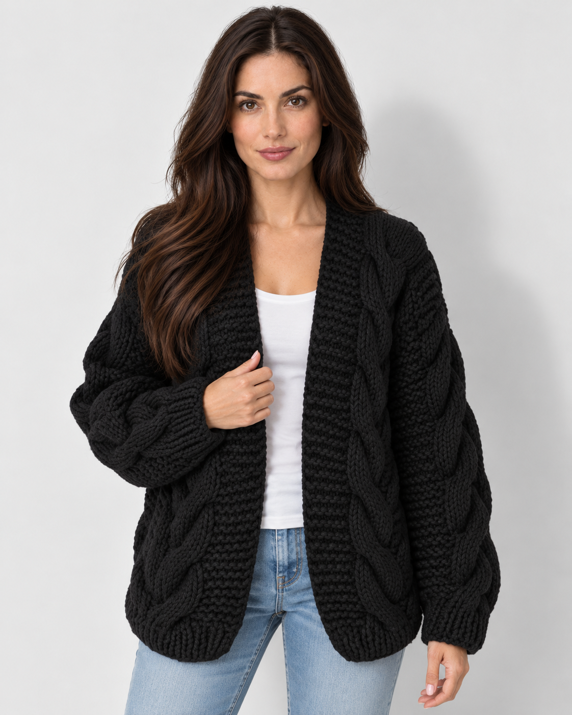 Women's chunky cable knit open-front cardigan, black on Avery & Mercer model