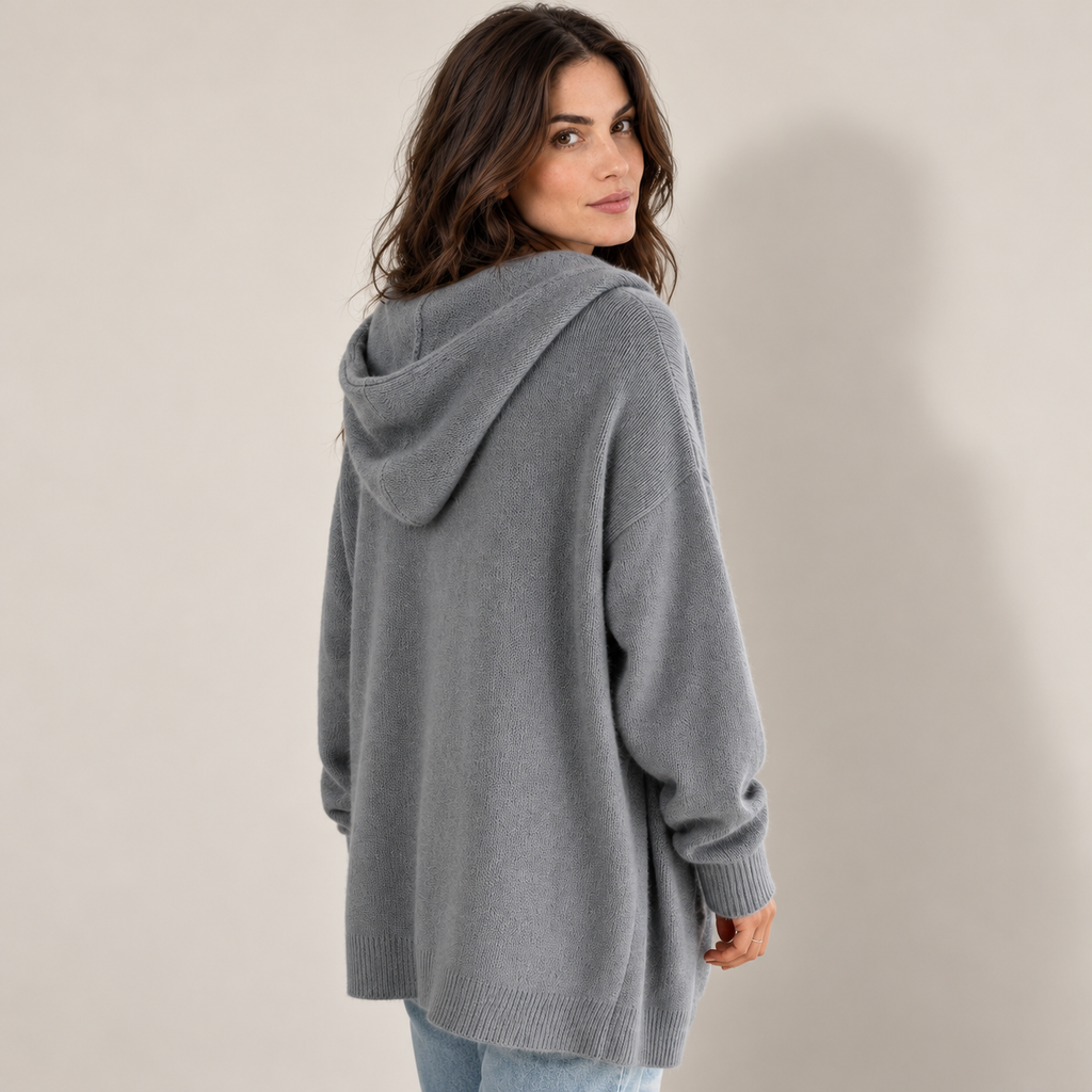 Hooded button-front cardigan, grey rear