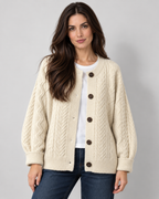 Women's oversized cable knit button-down cardigan, beige view on Avery & Mercer model