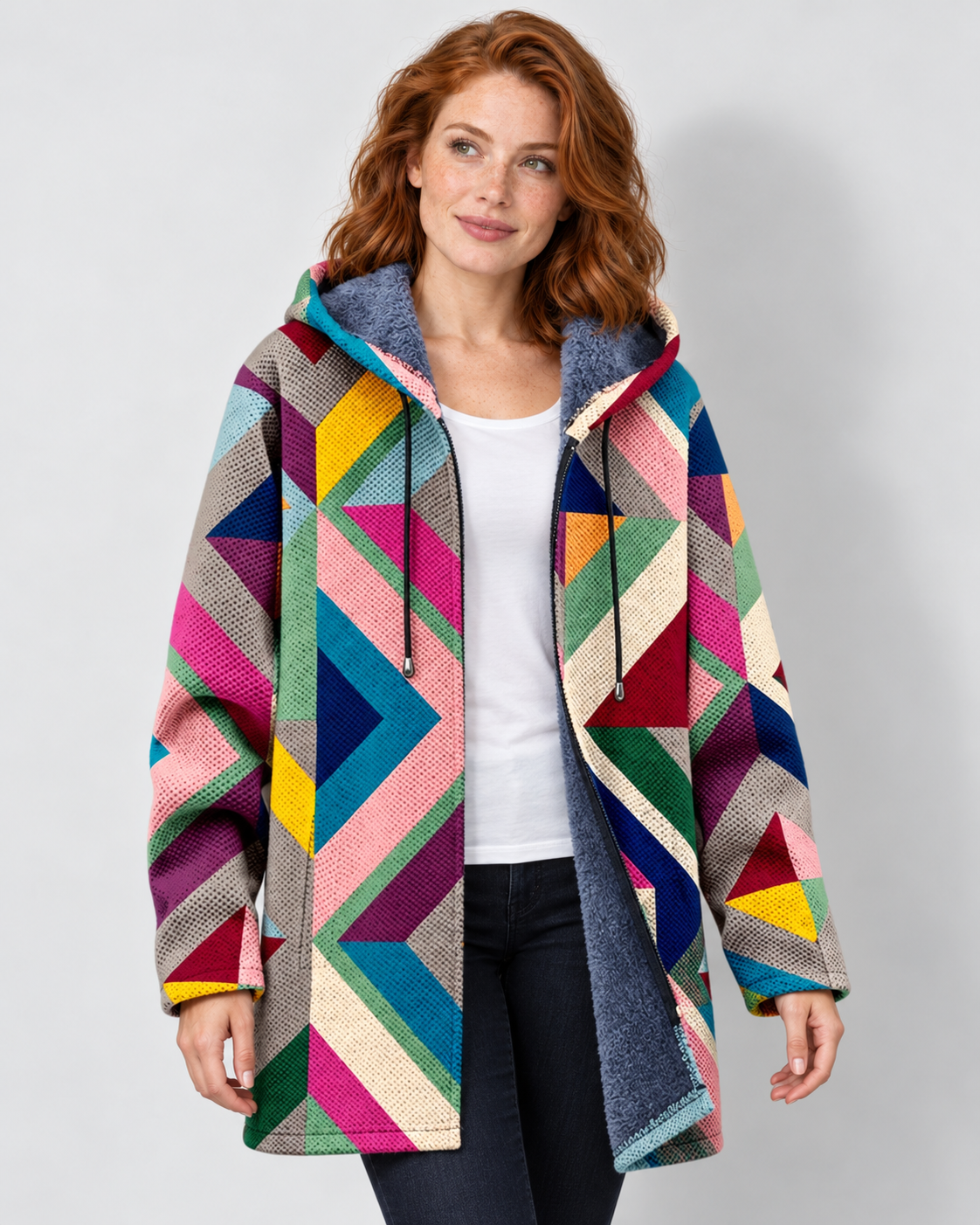 Women's oversized geometric print fleece-lined hooded cardigan, Multicolor front view on W03 with natural wall shadow
