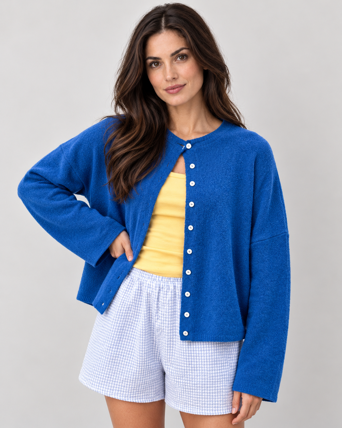 Women's collared knit cardigan, blue v1