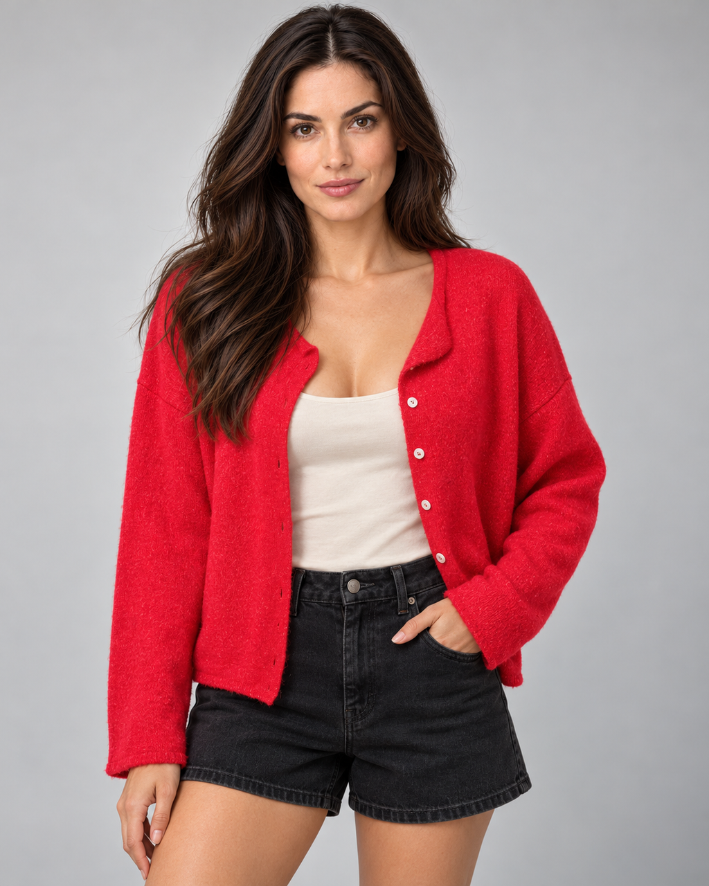 Women's collared knit cardigan, red open v1