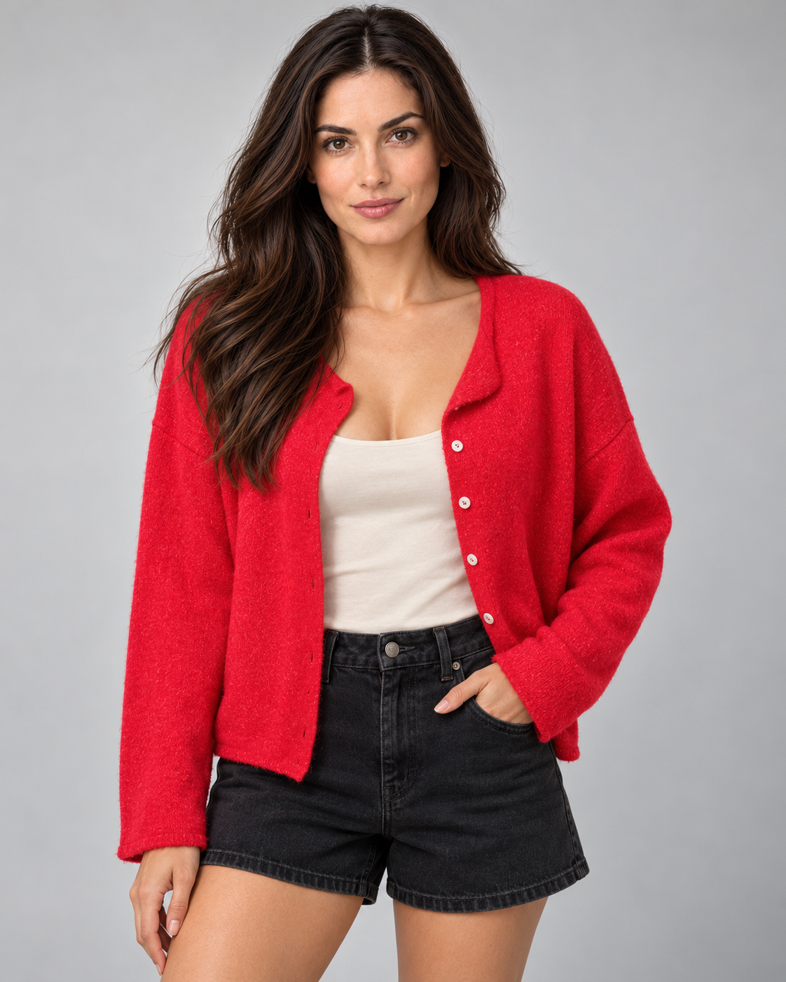 Women's collared knit cardigan, red open v1