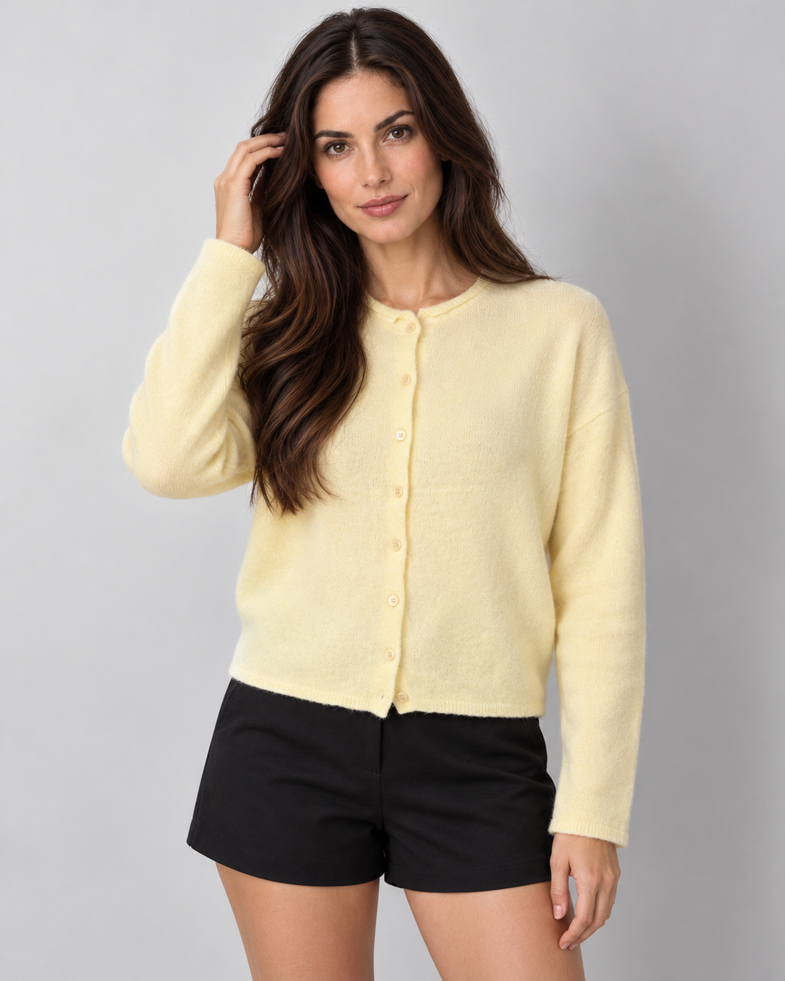 Women's collared knit cardigan, yellow closed v1