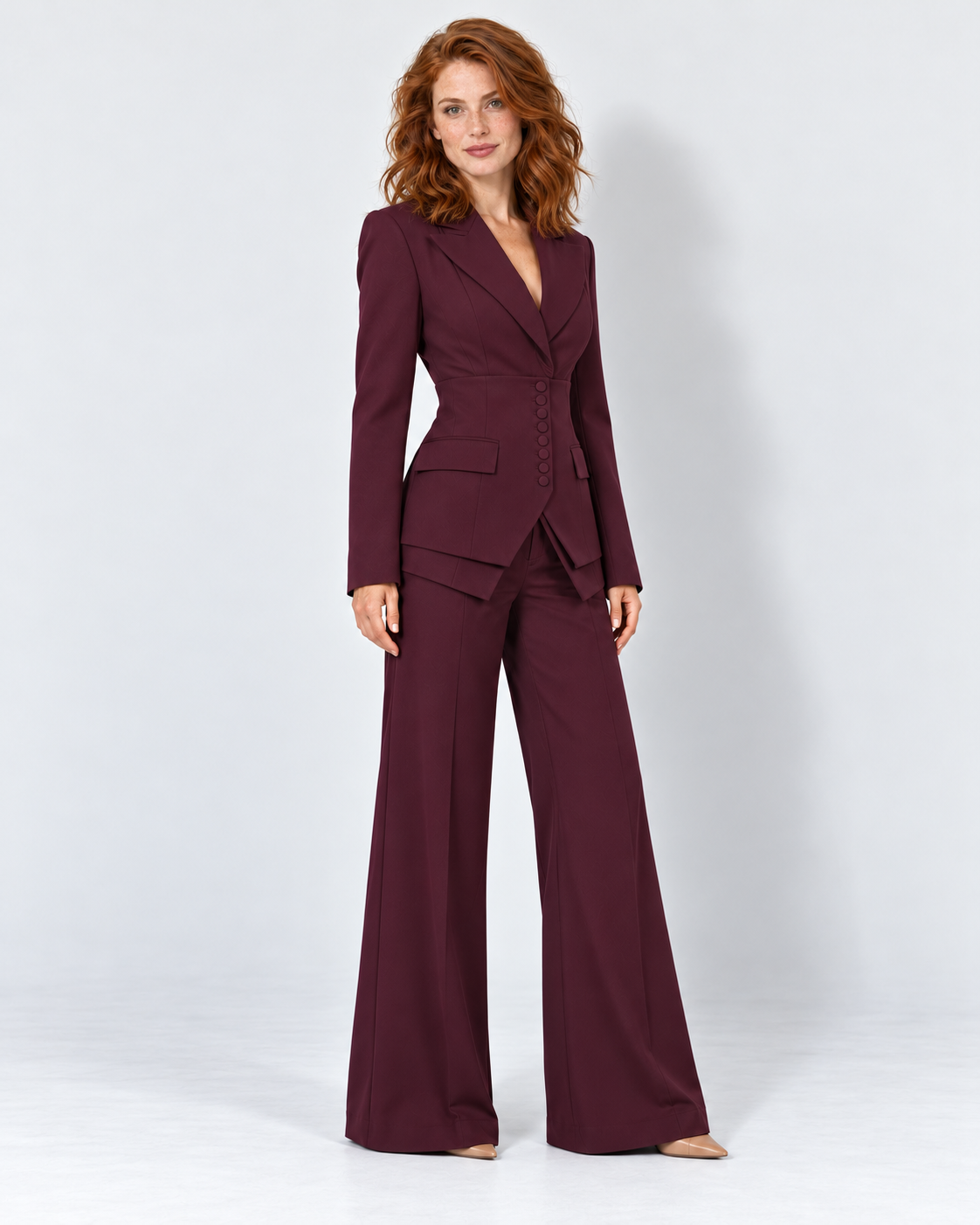 Women's tailored three-piece suit, burgundy angle v1