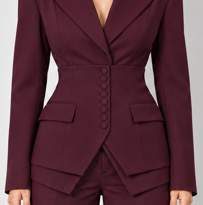 Women's tailored three-piece suit, burgundy button native crop