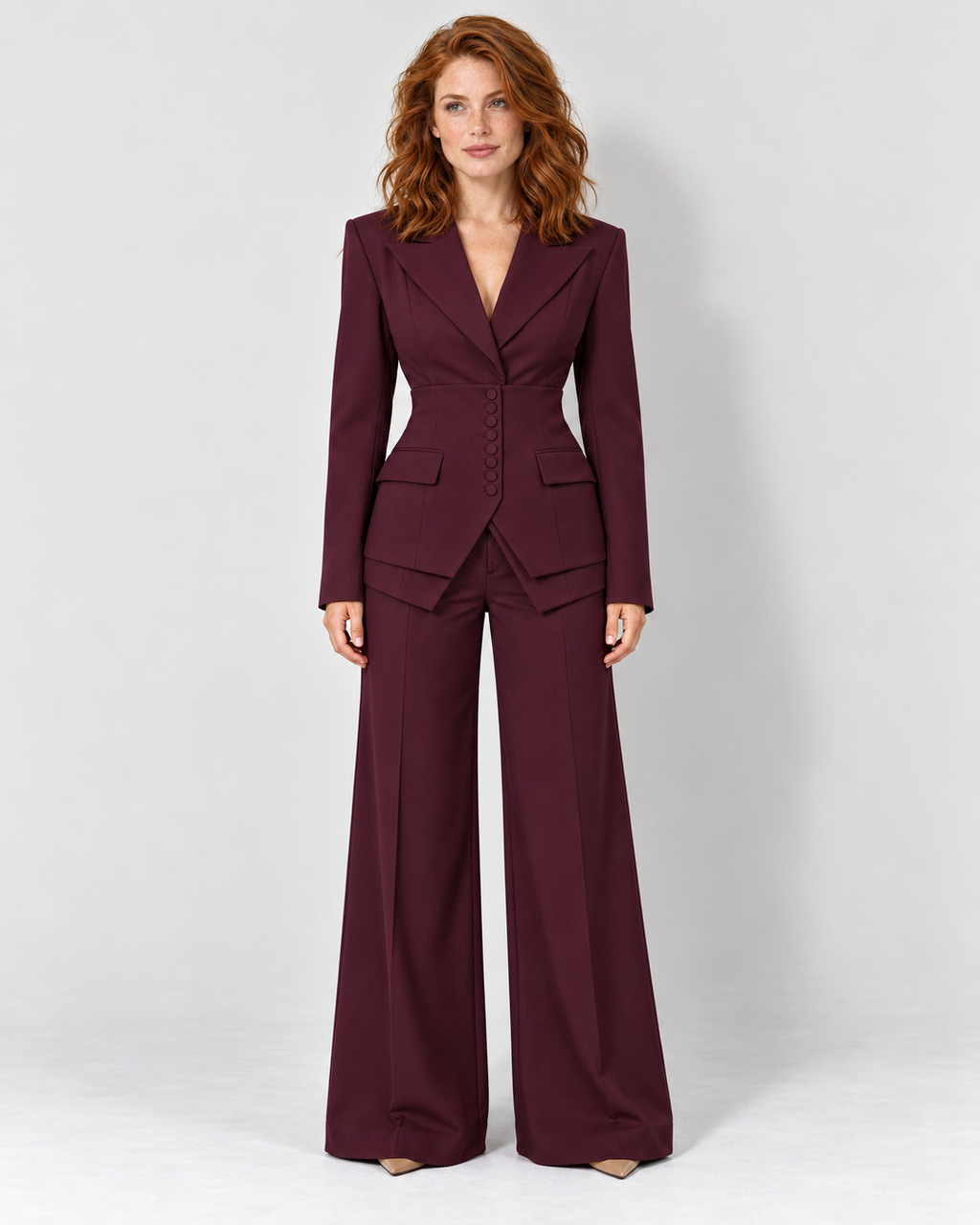 Women's tailored three-piece suit, burgundy front v1