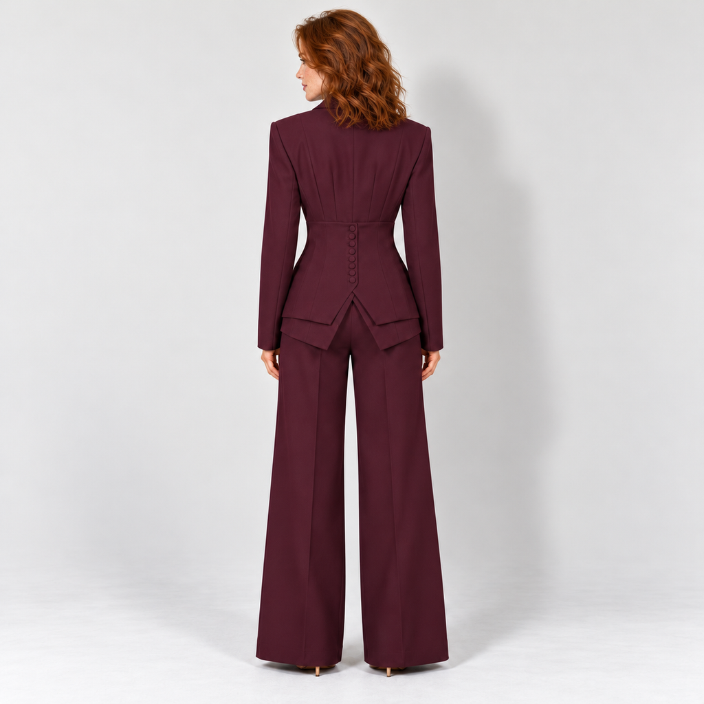 Women's tailored three-piece suit, burgundy rear v1