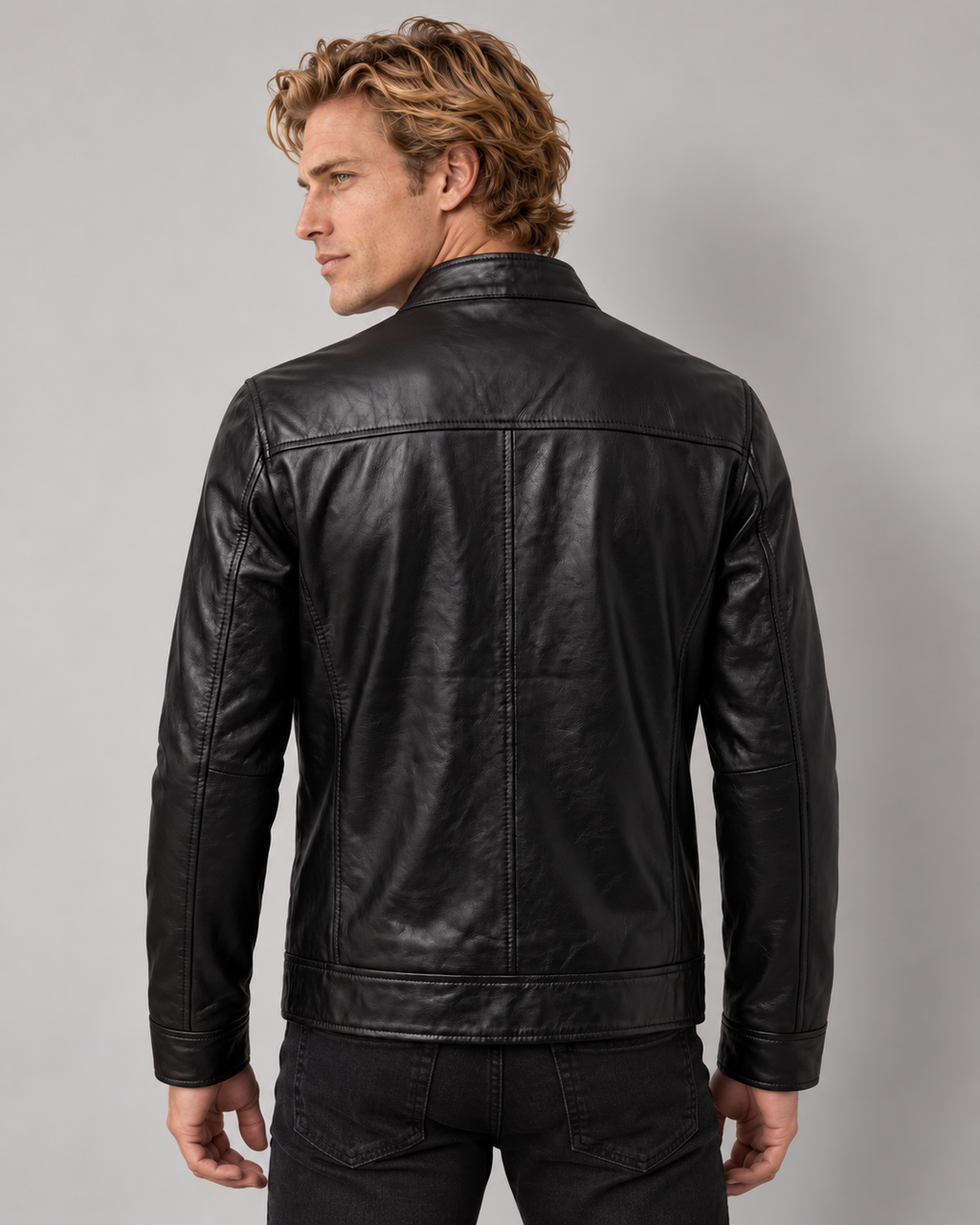 Avery & Mercer men's slim leather biker jacket, black rear view, own model M02