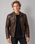 Avery & Mercer men's slim leather biker jacket, brown view, own model M02