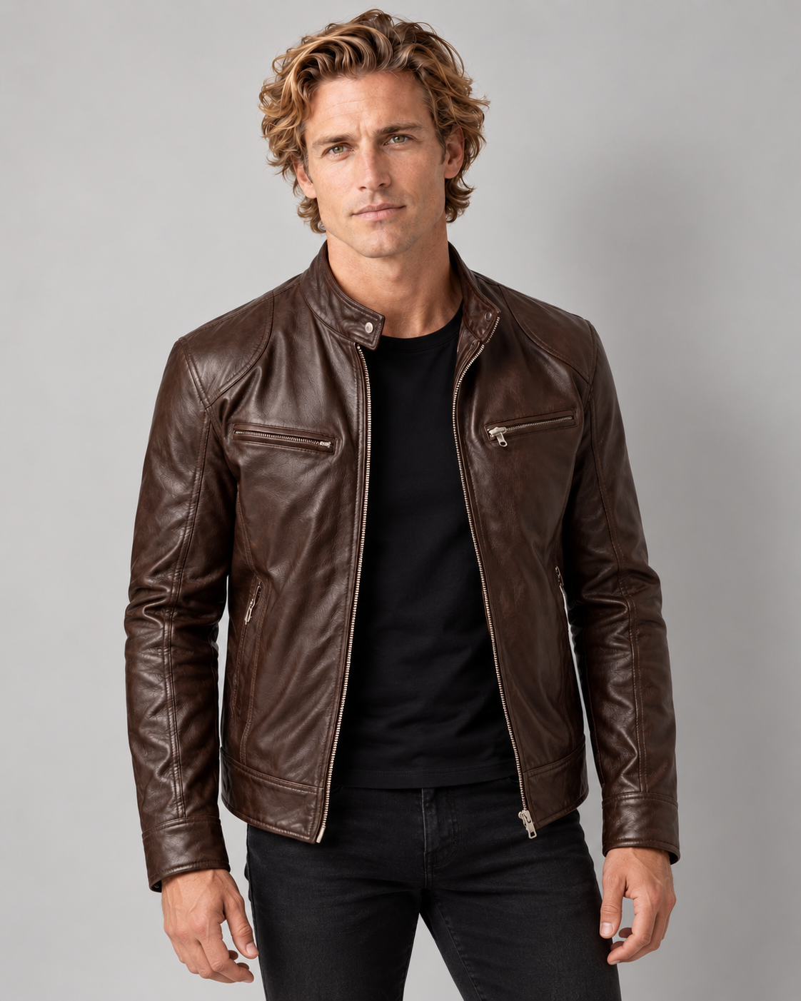 Avery & Mercer men's slim leather biker jacket, brown view, own model M02