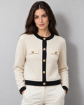 Women's fine knit cardigan with chest pockets in beige, front on Avery model