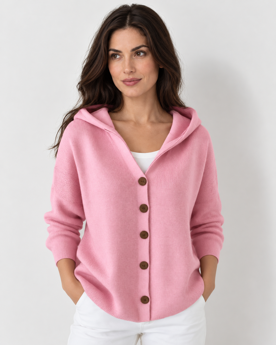 Women's hooded knit cardigan in pink, front view
