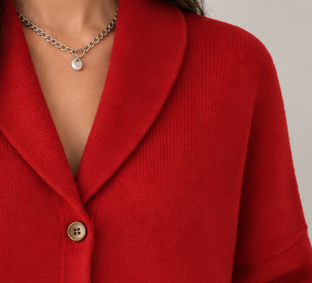 Women's shawl-collar knit cardigan, red neckline native crop