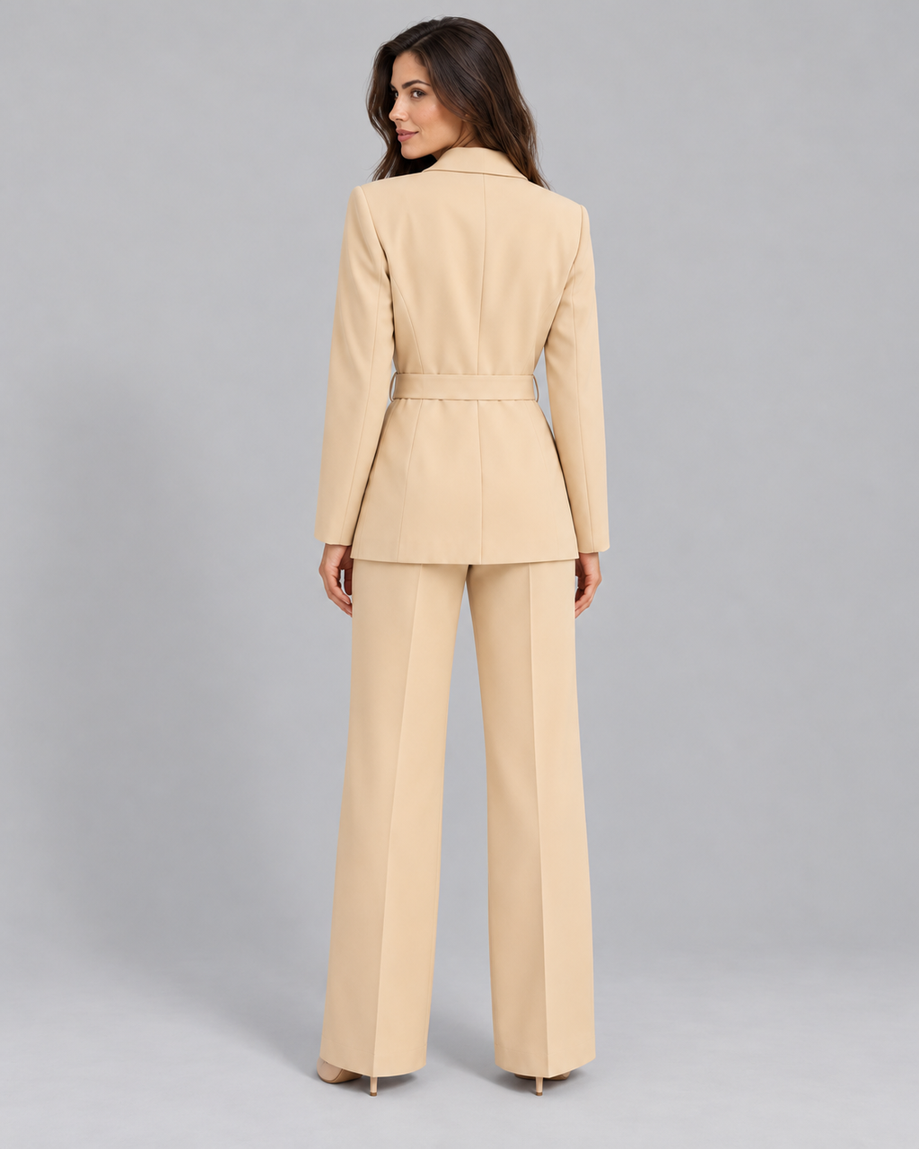 Avery & Mercer women's belted blazer and wide-leg trouser set, beige rear view, own model W02