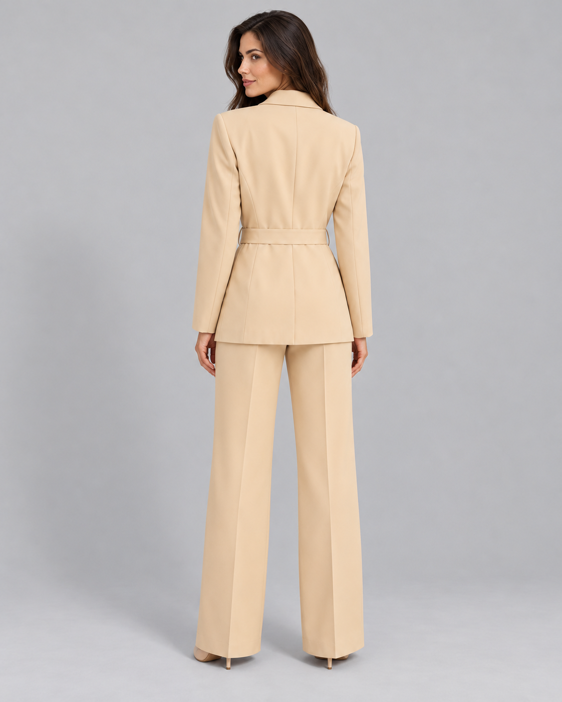 Avery & Mercer women's belted blazer and wide-leg trouser set, beige rear view, own model W02