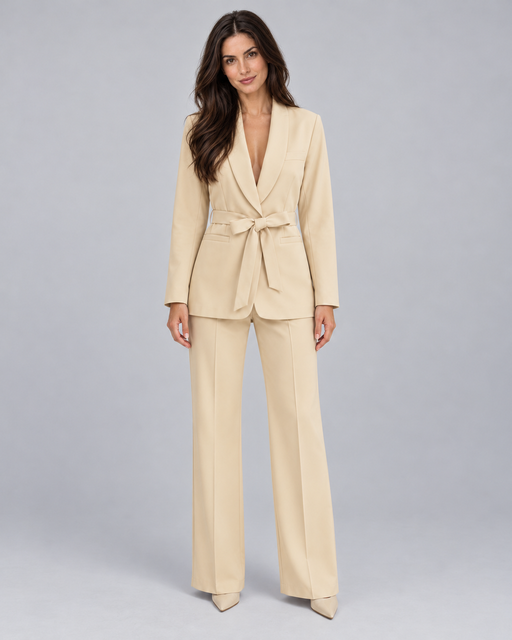 Avery & Mercer women's belted blazer and wide-leg trouser set, beige view, own model W02