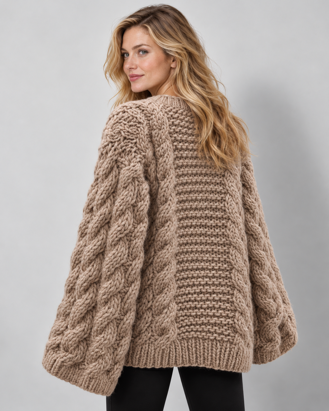 Women's cable-knit crewneck pullover, camel rear view