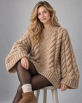 Women's cable-knit crewneck pullover, camel seated view