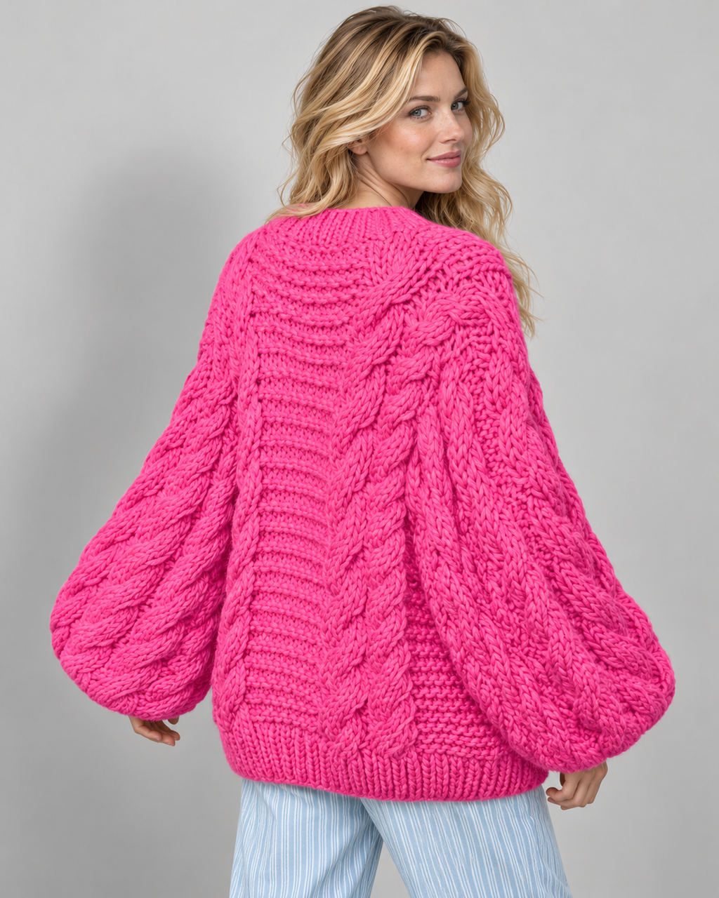 Women's cable-knit crewneck pullover, pink rear view