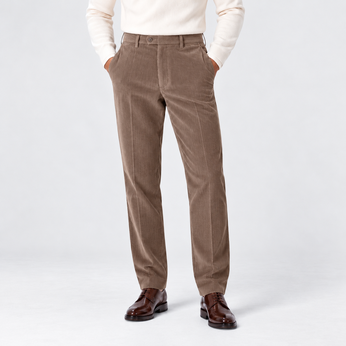 Men's flat-front corduroy trousers, beige front v1