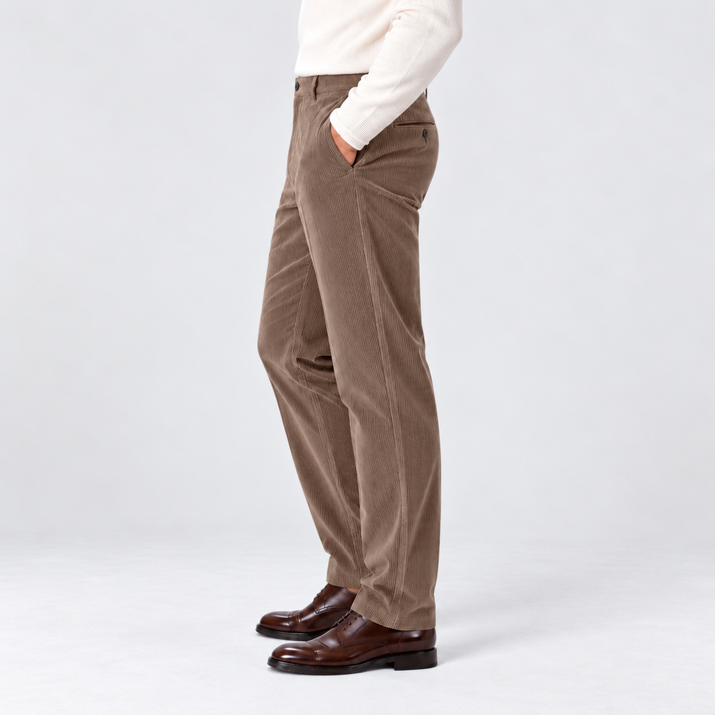 Men's flat-front corduroy trousers, beige side v1