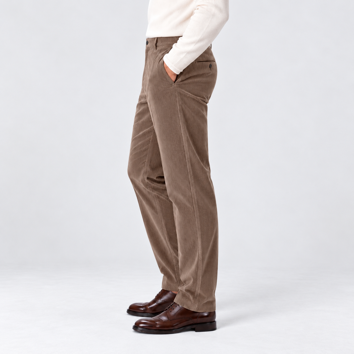 Men's flat-front corduroy trousers, beige side v1