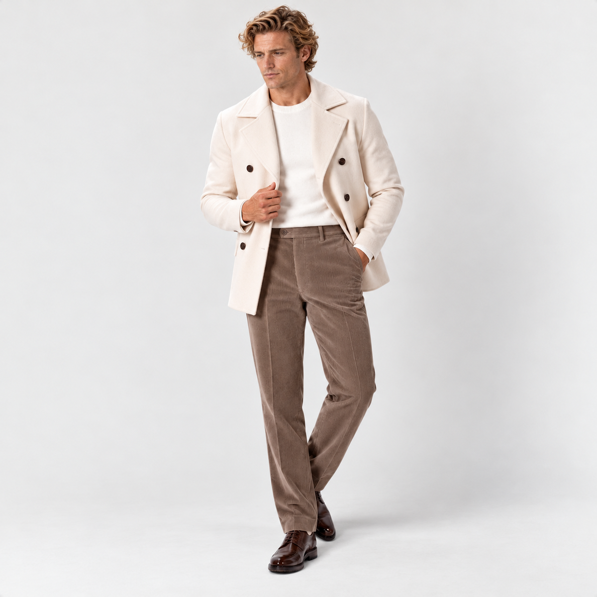 Men's flat-front corduroy trousers, beige styled v1