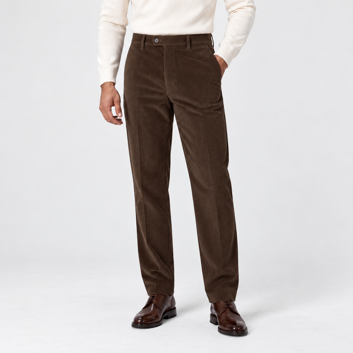 Men's flat-front corduroy trousers, brown front v1