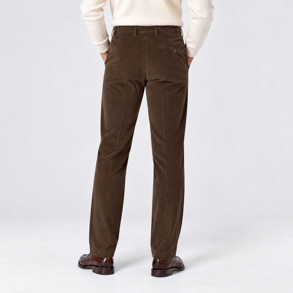 Men's flat-front corduroy trousers, brown rear v1