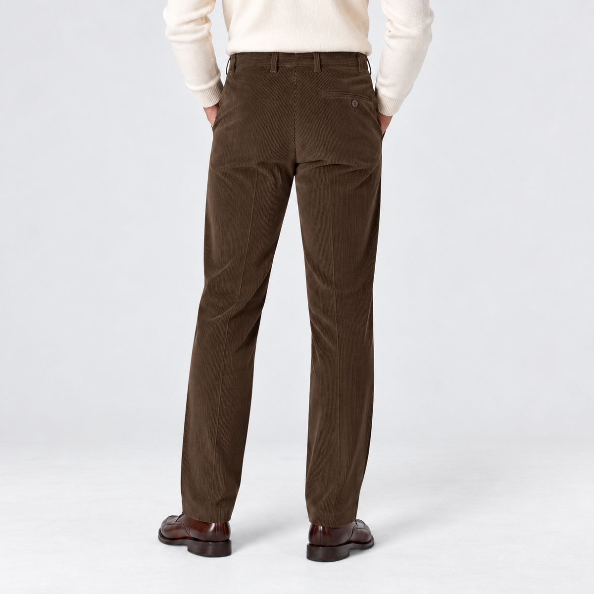 Men's flat-front corduroy trousers, brown rear v1