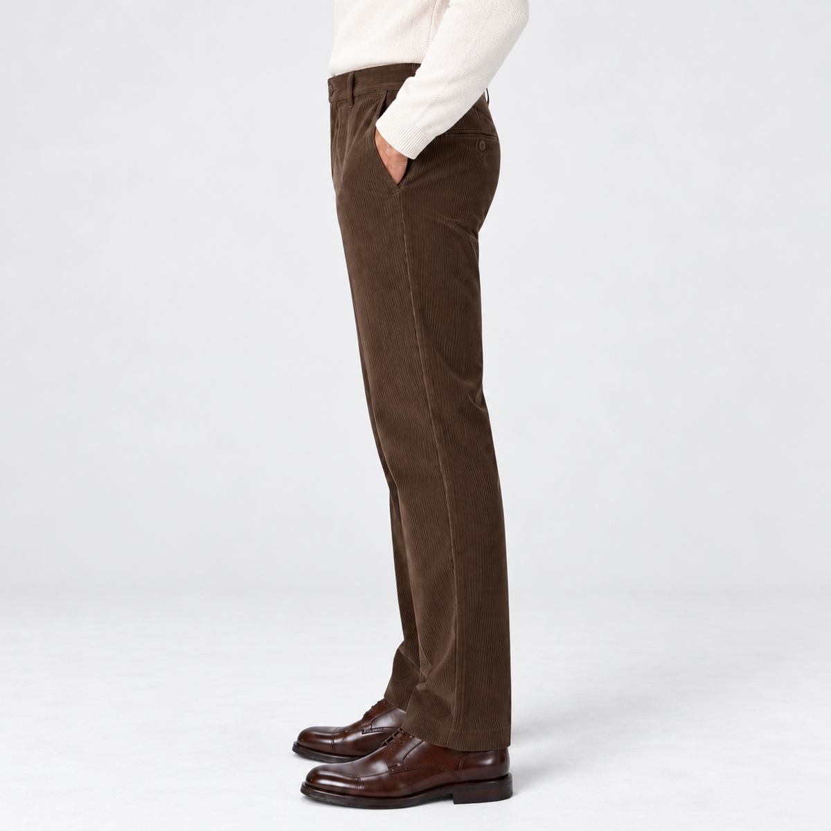 Men's flat-front corduroy trousers, brown side v1