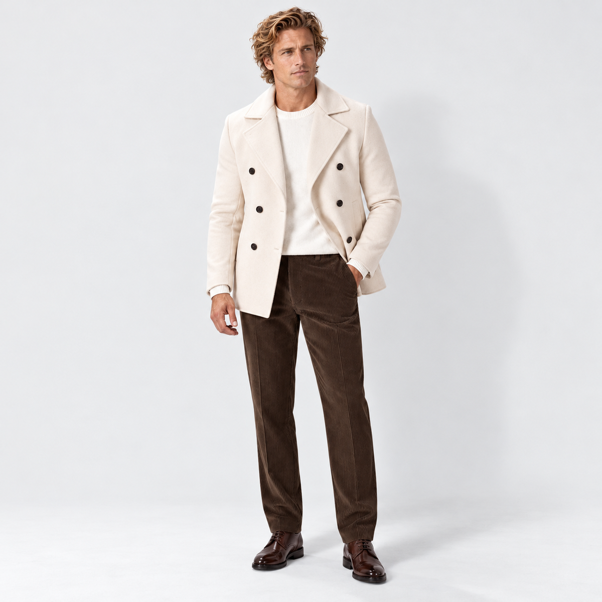 Men's flat-front corduroy trousers, brown styled v1
