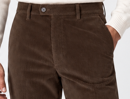 Men's flat-front corduroy trousers, brown waist native crop