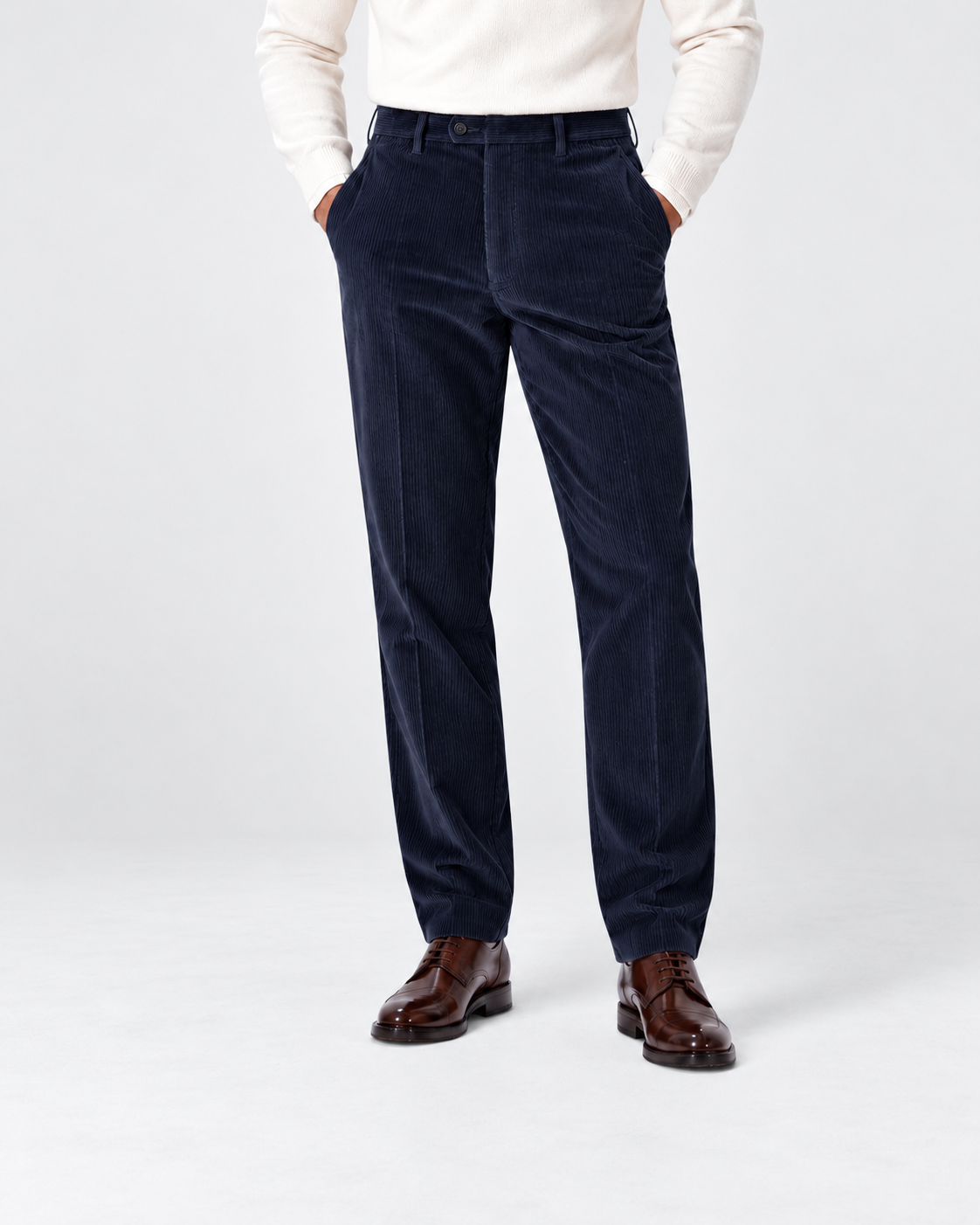 Men's flat-front corduroy trousers, navy front v1