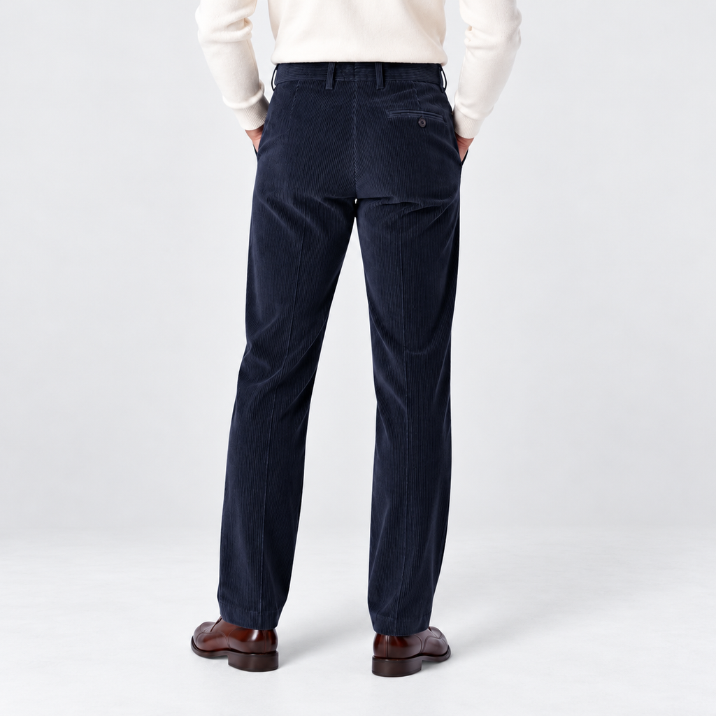 Men's flat-front corduroy trousers, navy rear v1