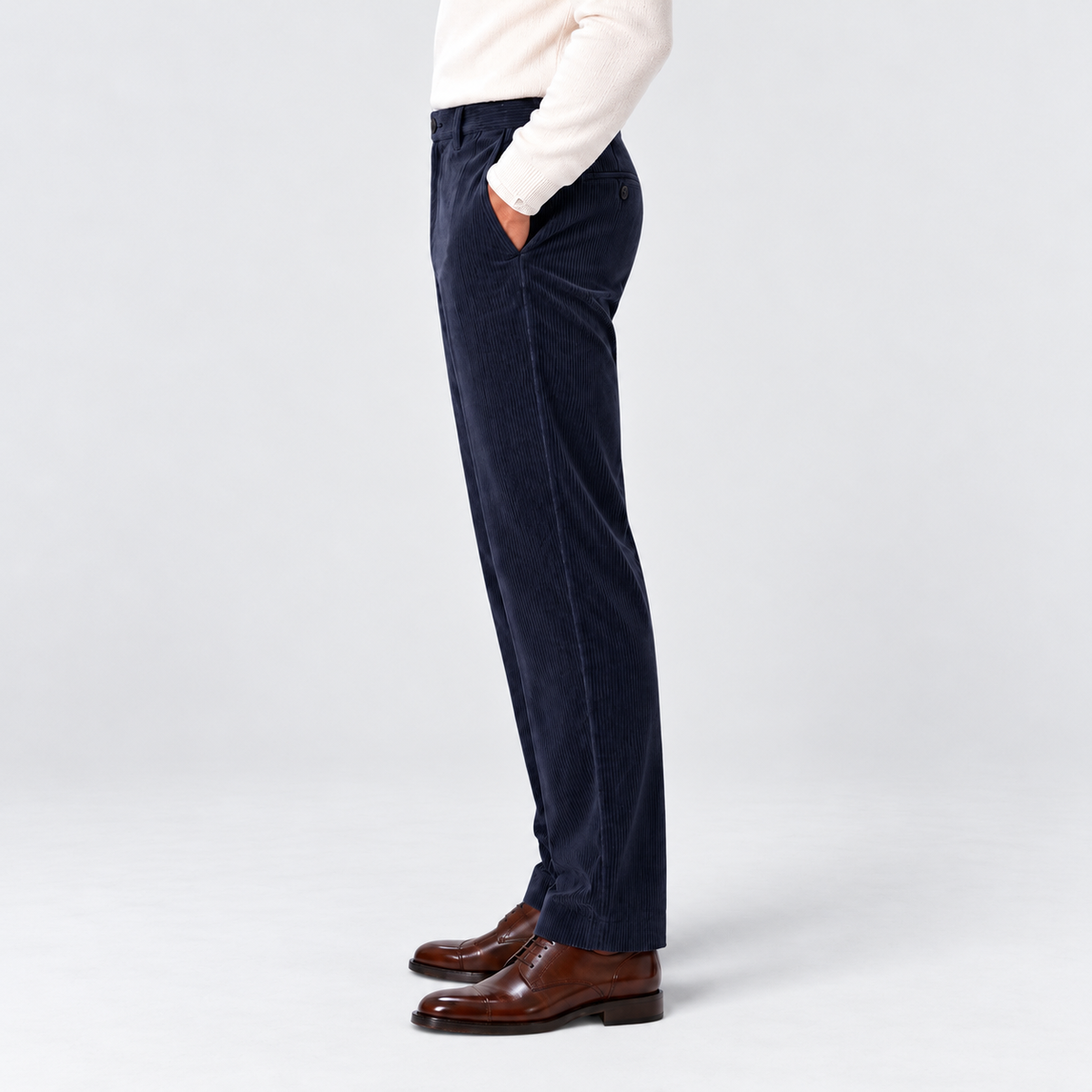 Men's flat-front corduroy trousers, navy side v1