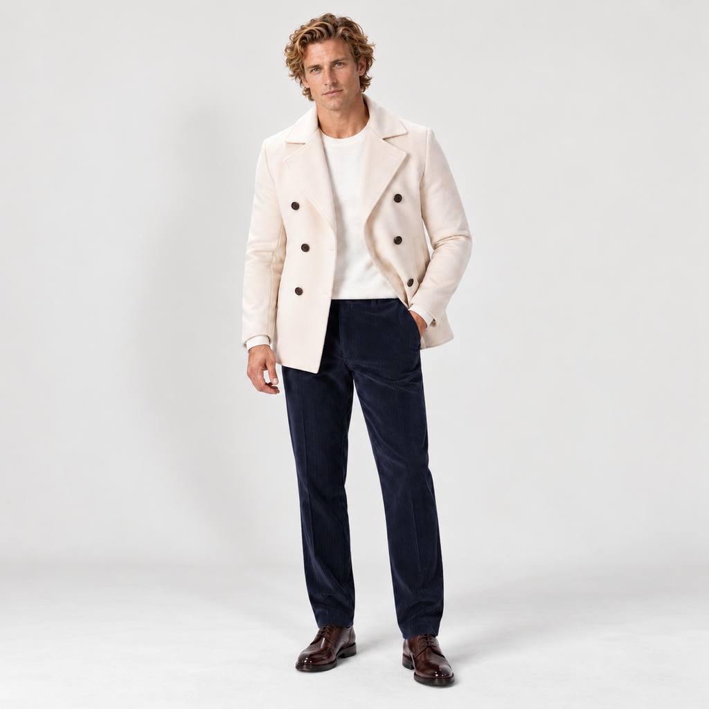 Men's flat-front corduroy trousers, navy styled v1
