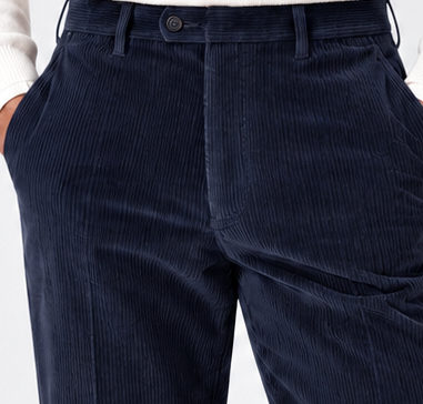 Men's flat-front corduroy trousers, navy waist native crop