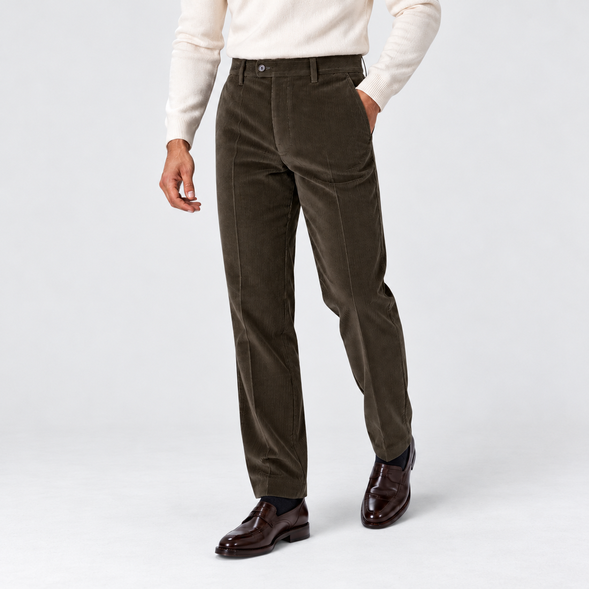 Men's flat-front corduroy trousers, olive front v1