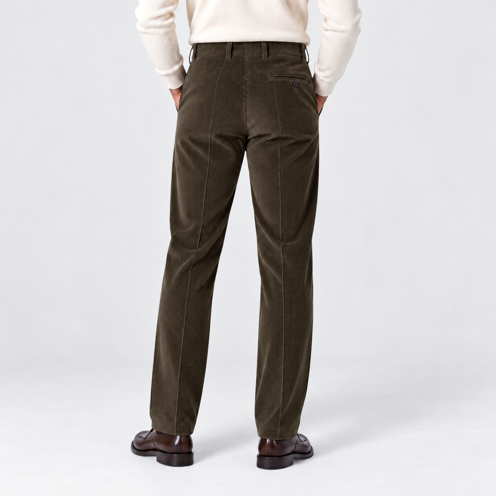 Men's flat-front corduroy trousers, olive rear v1